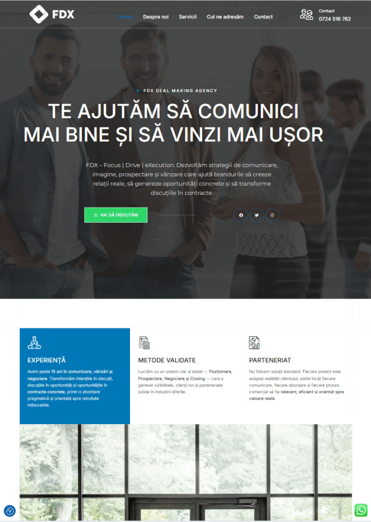 Landing page FDX Agency – agenție de comunicare și vânzări B2B, cu focus pe poziționare, prospectare și closing