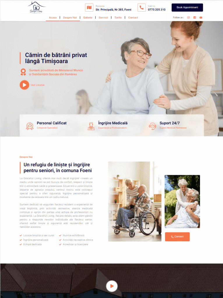 Cămin de bătrâni privat lângă Timișoara – Graceful Living Foeni, îngrijire seniori și suport medical 24/7