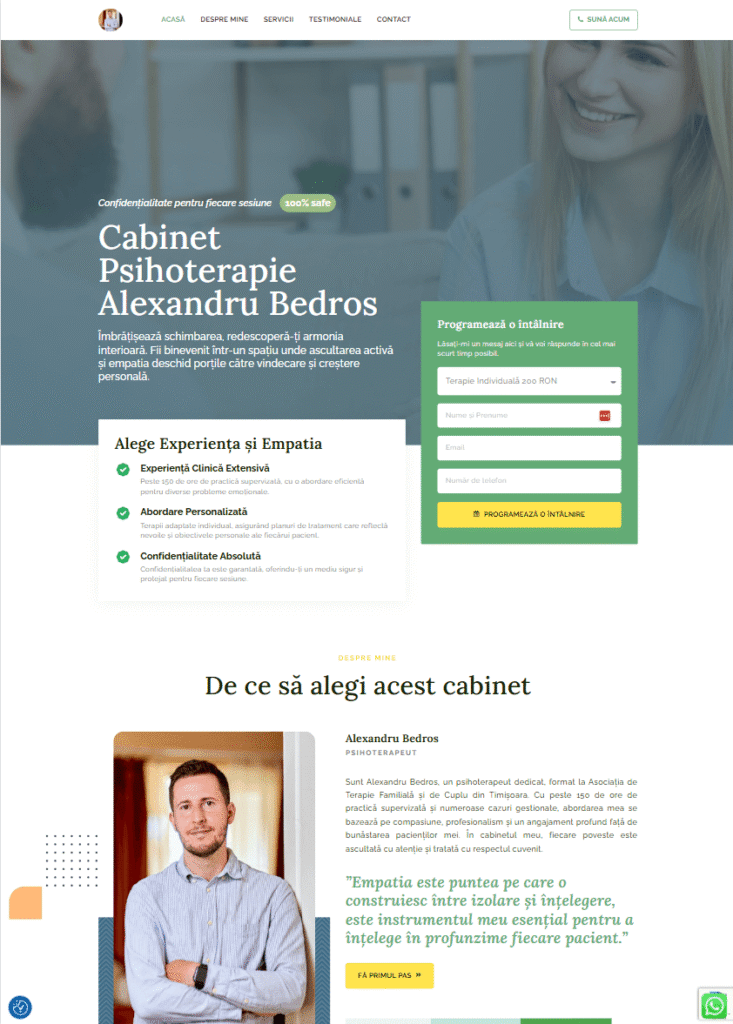 Landing page cabinet psihoterapie – creare site servicii medicale și programare online