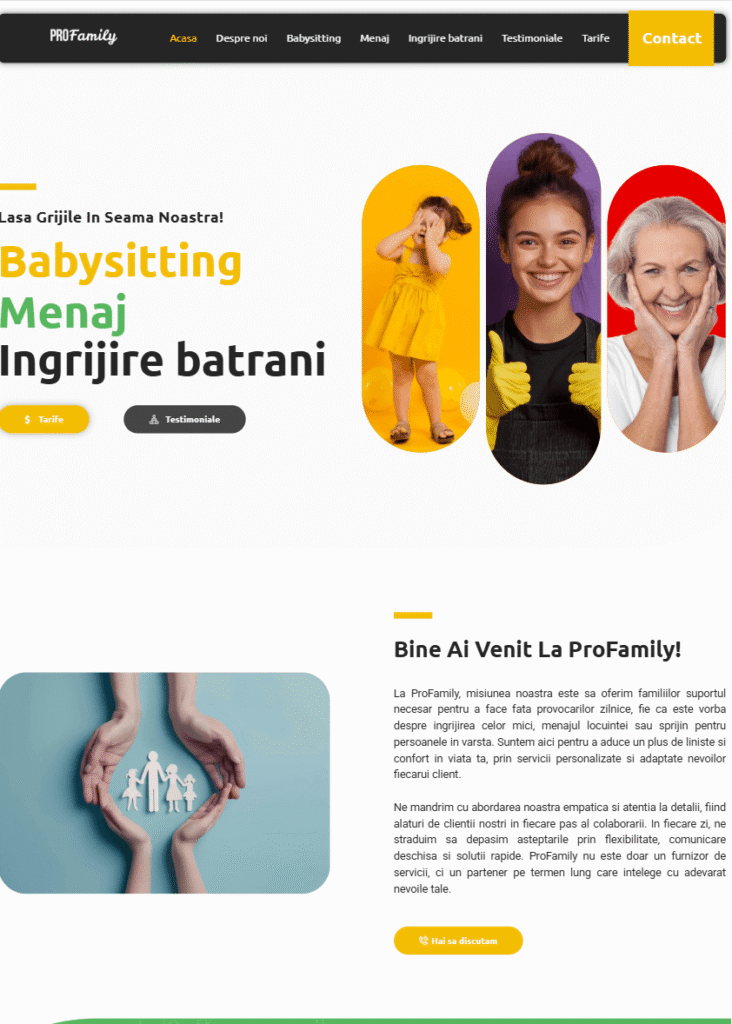 Landing page Family Care – servicii babysitting, menaj si ingrijire batrani, structura clara si design prietenos