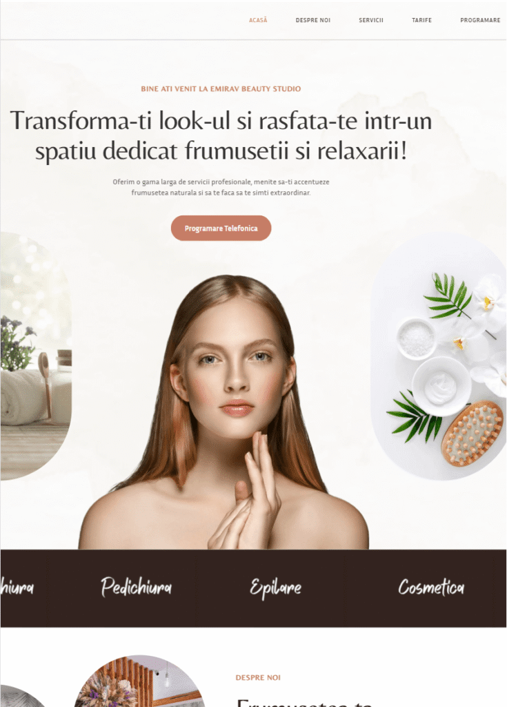 Imagine din site-ul Emirav Beauty Studio, salon de infrumusetare cu servicii profesionale de cosmetică, epilare, manichiură și pedichiură, prezentat într-un design elegant si orientat spre programari rapide.
